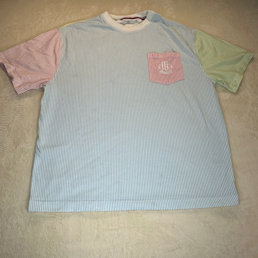 Tommy Hilfiger Mens Colorblock Striped Pocket T-Shirt Pastel Crest Logo 78J5811